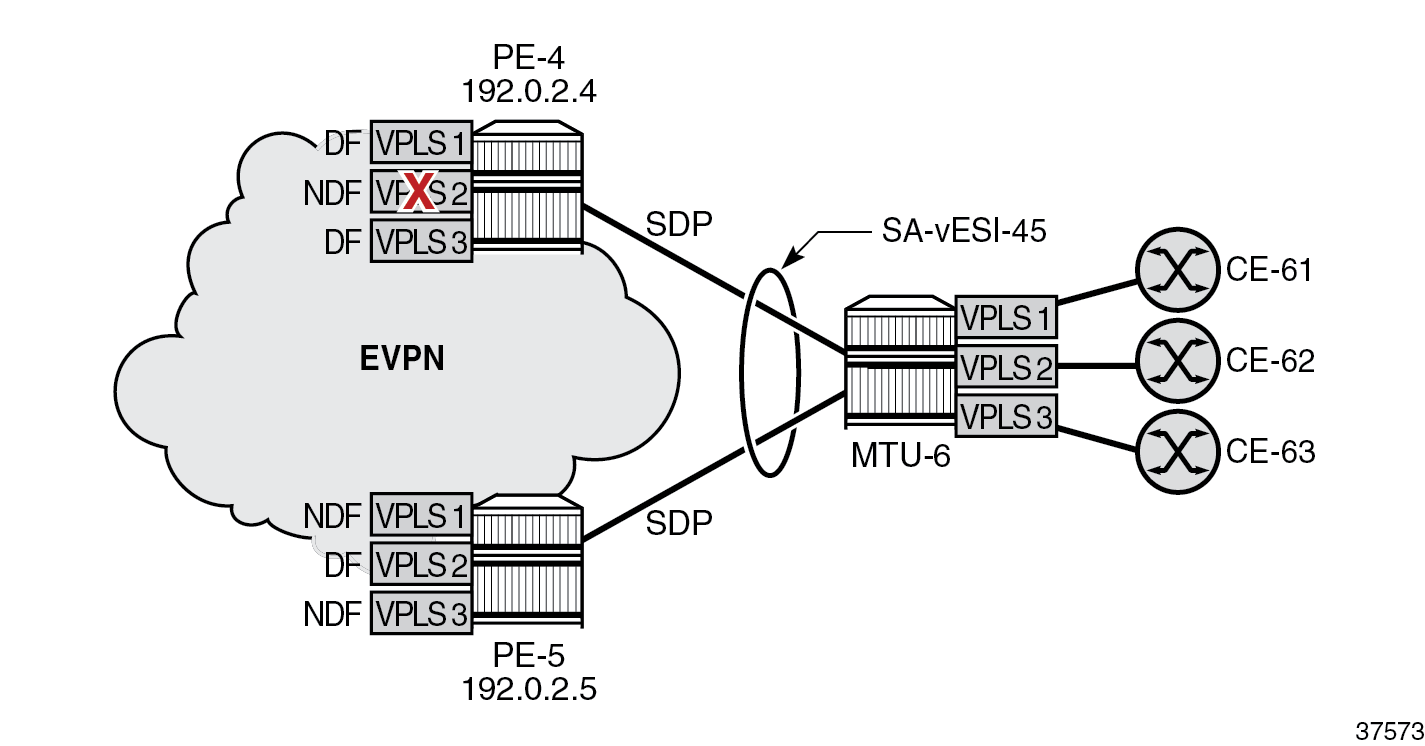 AC failure in VPLS 2 on PE-4 causes PE-5 to become the DF for VPLS 2