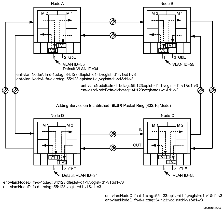 Example service on BLSR using 802.1q tagging mode