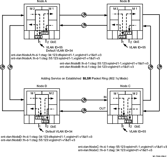 Example service on BLSR using 802.1q tagging mode