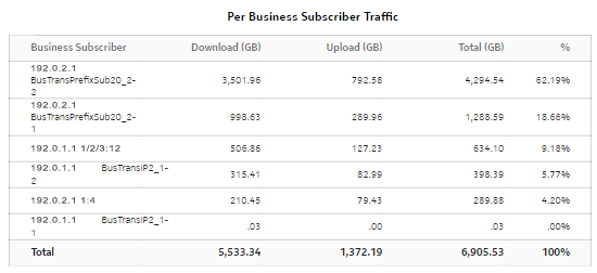 Application Group Inventory Report, Per Business Subscriber Traffic