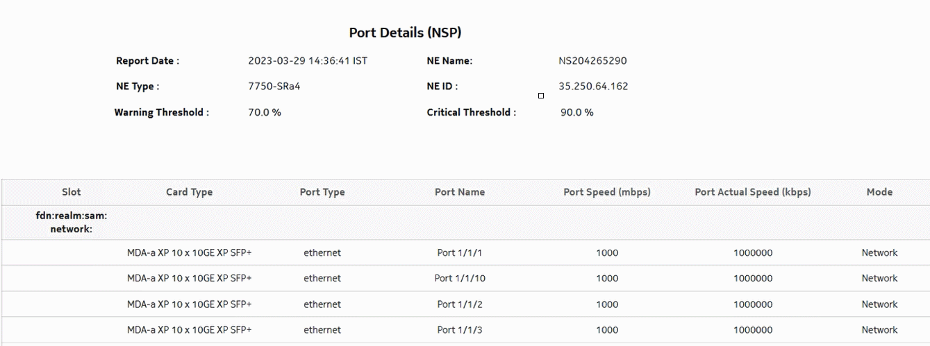 Port Details (NSP) report