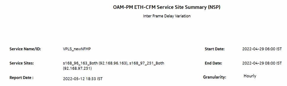 OAM-PM ETH-CFM Service Site Summary (NSP) – Inter Frame Delay Variation