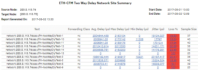ETH-CFM Two Way Delay Network Site Summary report