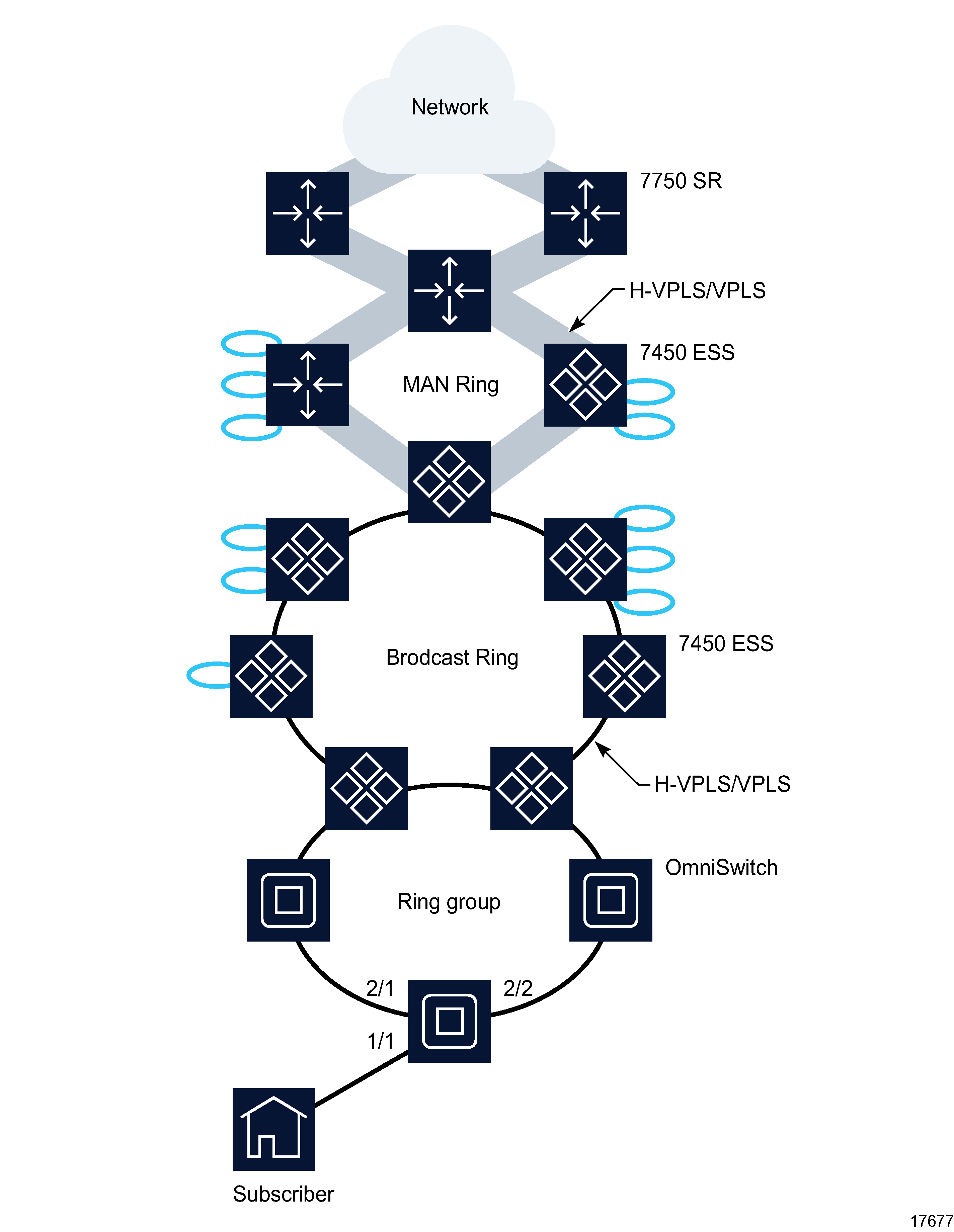 Ring in a metropolitan and broadcast network