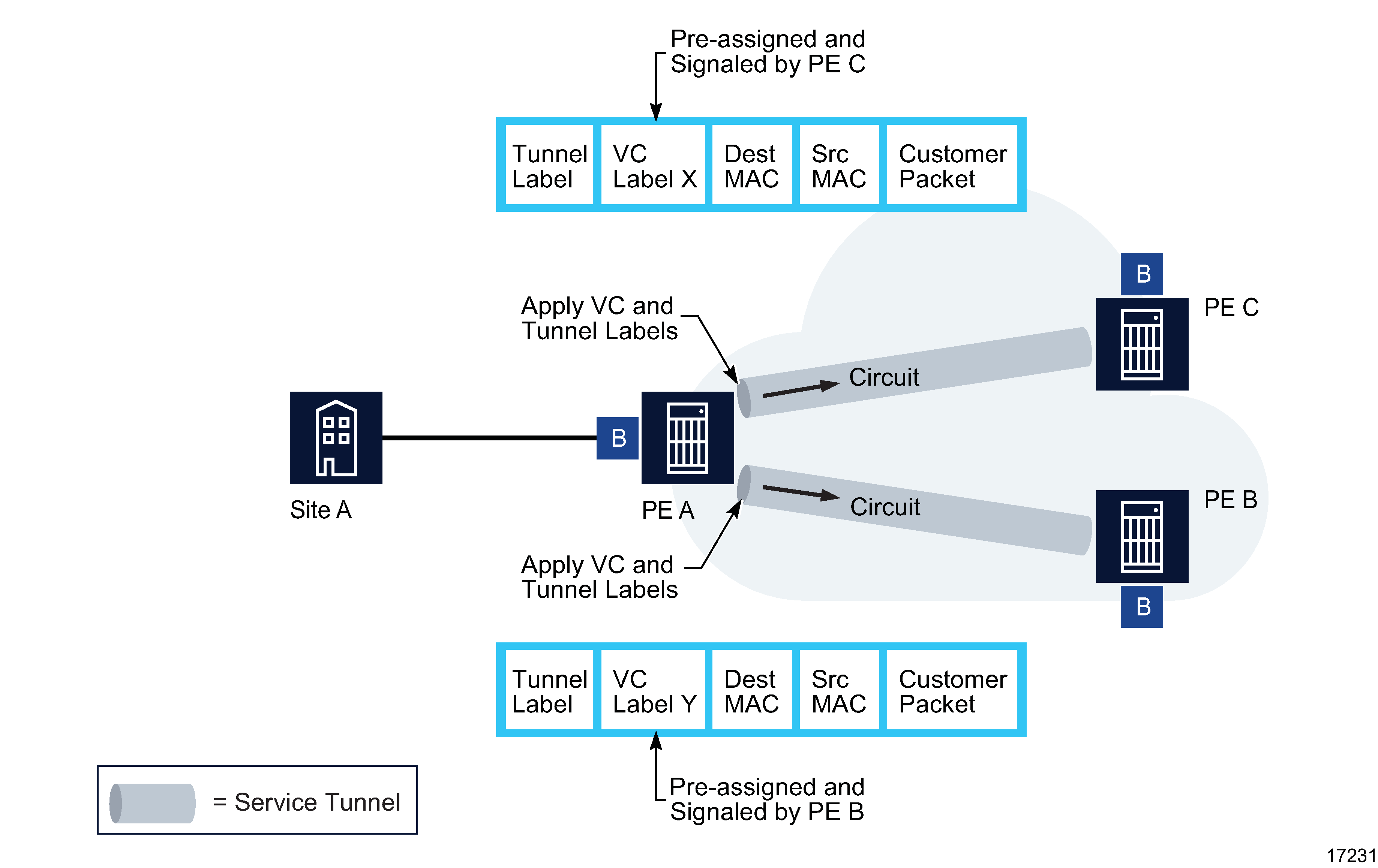 Packet forwarding from PE A across the core IP/MPLS network