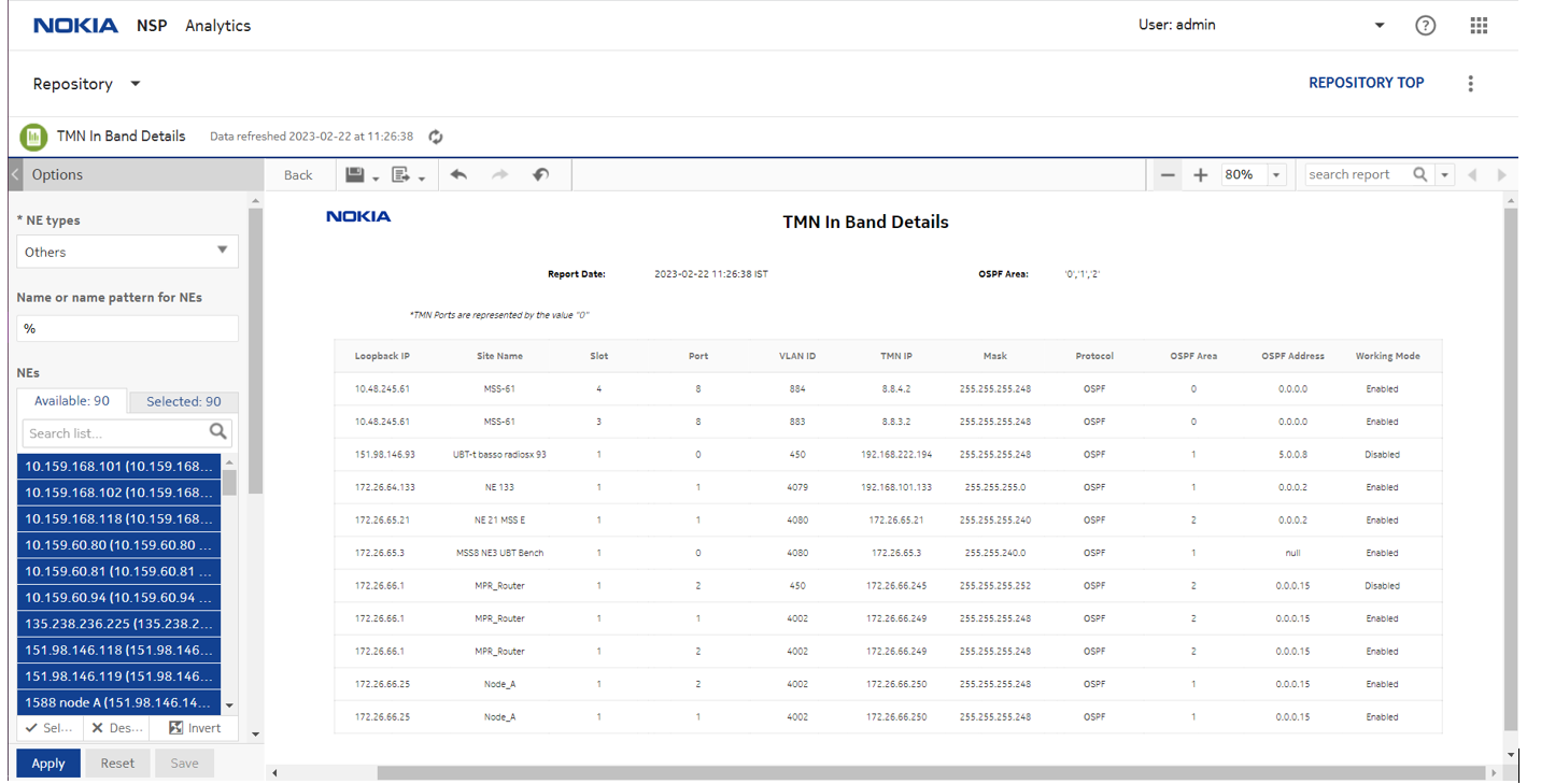 TMN In Band Details report