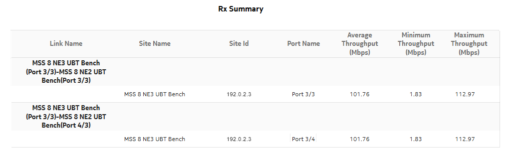 Bandwidth Throughput Summary Report—Rx Summary