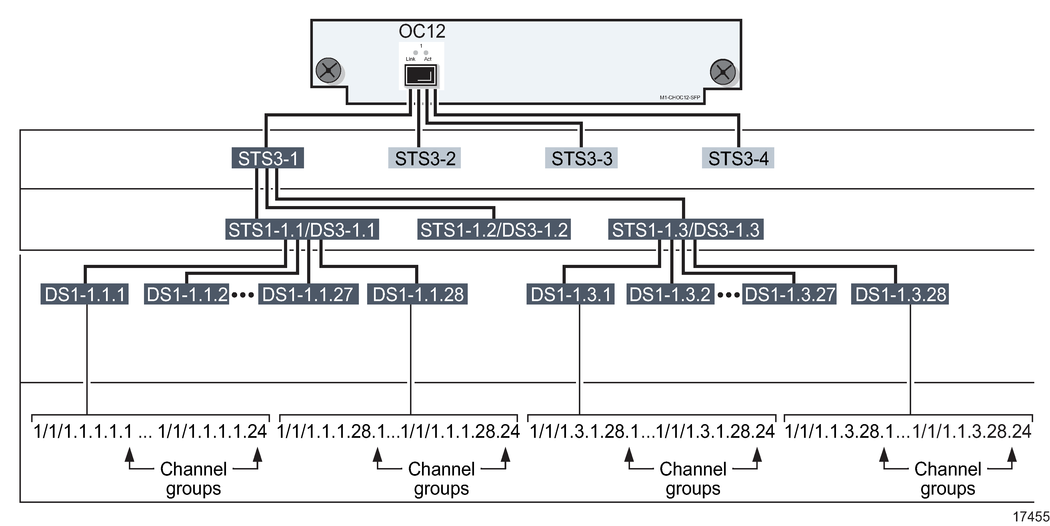 Channelized 1 × OC-12 port structure using STS-1/DS3 sub-channels Channelized 1 × OC-12 port structure using STS-1/DS3 sub-channels