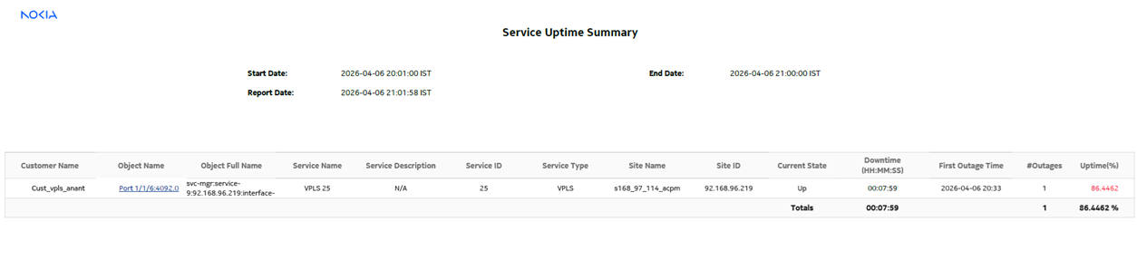Service Uptime Summary report